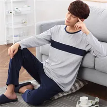 Мужской Повседневное Домашняя одежда поставка тканей из чистого хлопка с круглым вырезом Длинные серое пальто и синий плед Штаны модный бренд