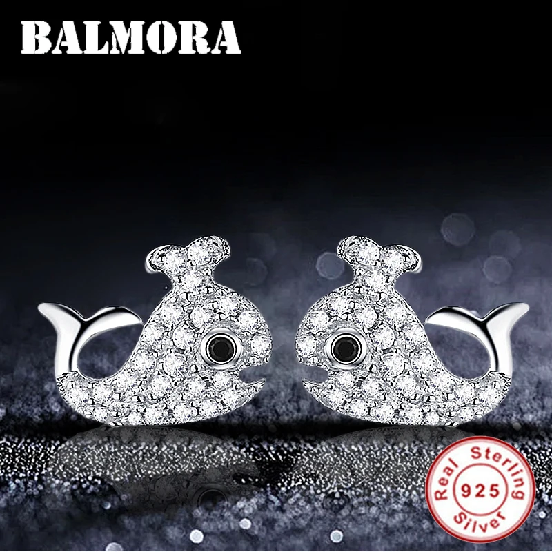 

BALMORA 100% Real 925 Sterling Silver Cute Dolphin Animal Stud Earrings for Lady Zircon Earrings Jewelry Brincos JWSE0340