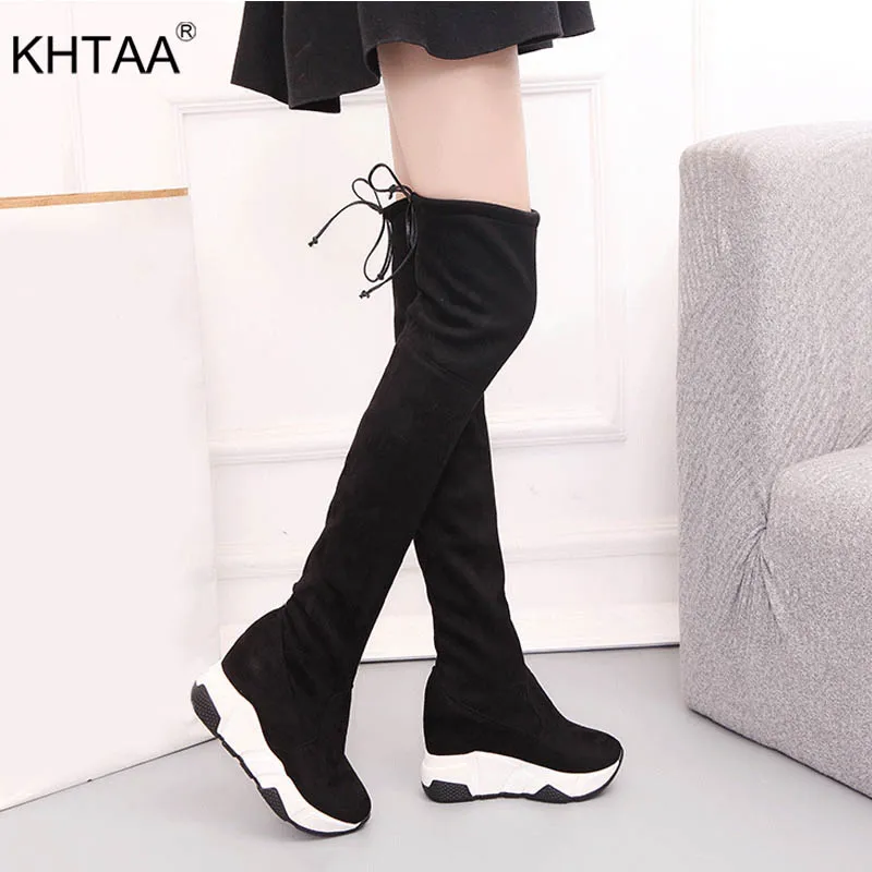 

KHTAA Women's Autumn Over The Knee Boots Ladies Stretch Cloth Slim Fashion Thigh High Lace Up Shoes Female Platform Wedges