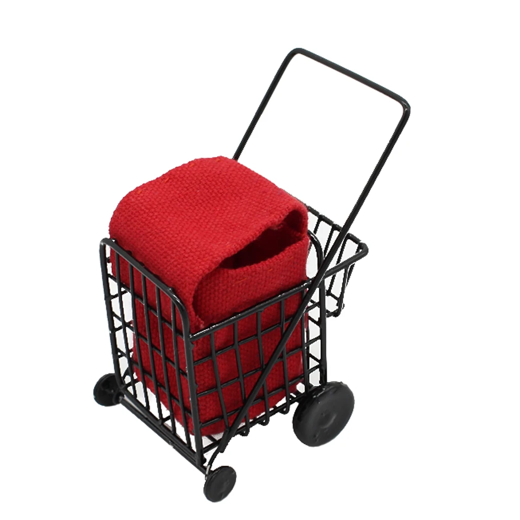 Dollhouse Miniature Metal Shopping Cart with Red Bag Kids Pretend Play Toy