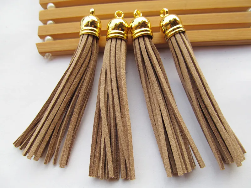 

Free Shipping 100Pcs 90mm Light Brown Suede Leather Jewelry Tassel For Key Chains/ Cellphone Charms Top Plated End Caps Cord Tip