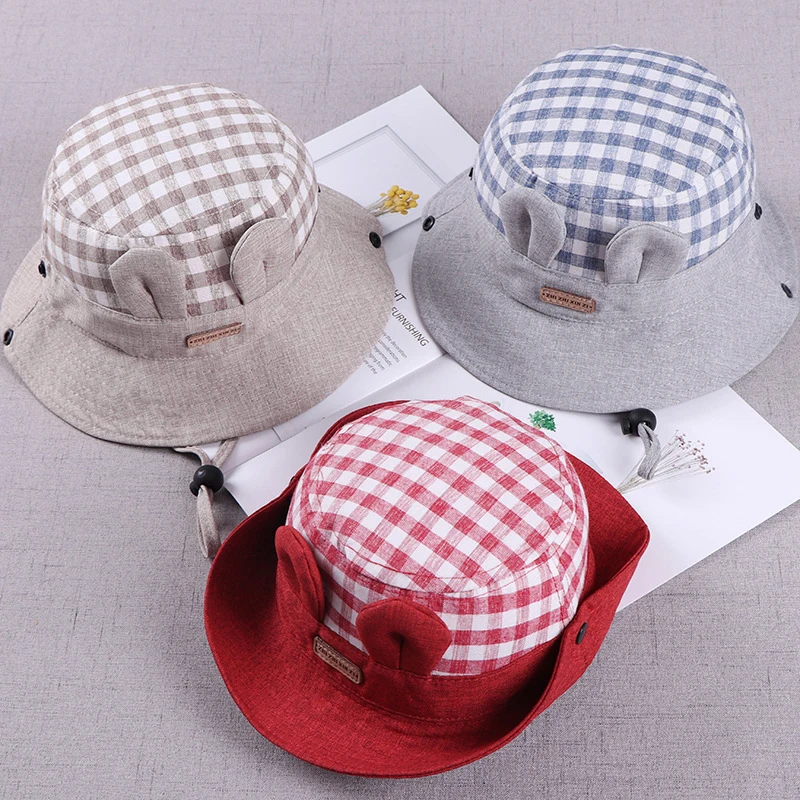 Хлопковая детская шляпа от солнца, весенне-летняя кепка для мальчиков, клетчатые шапочки для девочек с заячьими ушками, кепка для детей, шляпа от солнца, s