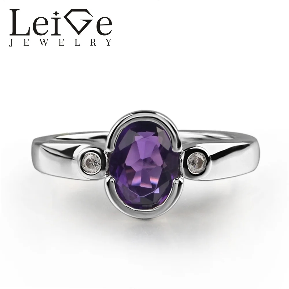925 Silver Real Amethyst Ring Oval Cut Bezel Setting Romantic Promise Wedding Rings for Women February Birthstone | Украшения и