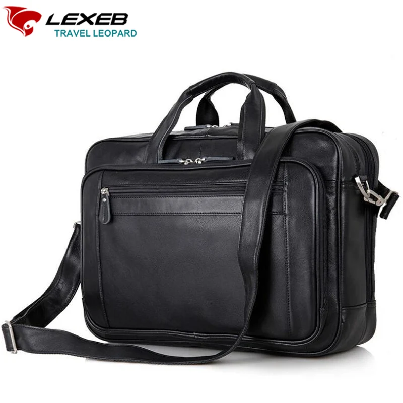 LEXEB Men Laptop Briefcase Men's Leather Briefcases 17 Computer Business Traveling Bags Double Zips Opening High Quality Black