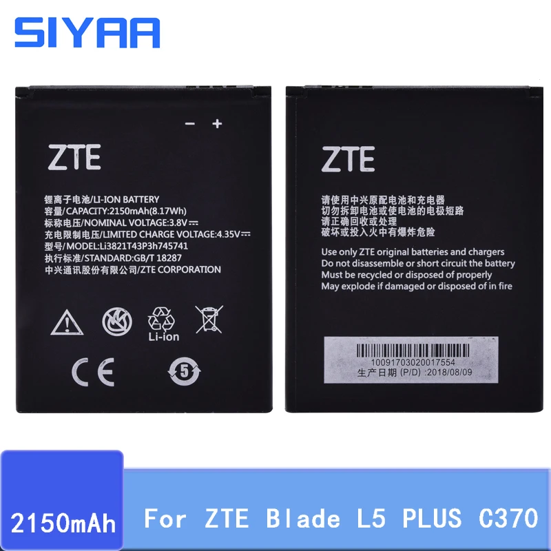 

Original SIYAA Battery LI3821T43P3H745741 For ZTE Blade L5 PLUS C370 Replacement Original Battery 3.8V Real Capacity 2150mAh
