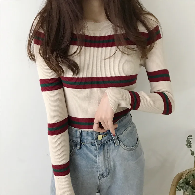 

Vintage Winter O-neck Striped Women Sweater Skinny Full Sleeve Knitted Pullovers Autumn Knitting jumper pull femme 2018