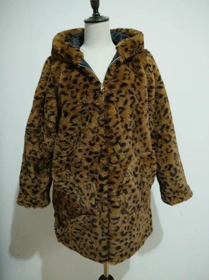 Зимнее модное женское пальто из искусственного меха длинная леопардовая куртка ветровка женская с капюшоном с длинным рукавом большой размер Свободная верхняя одежда L1314