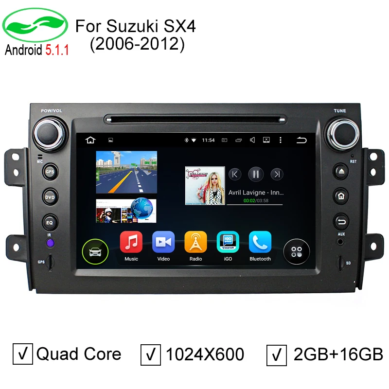  ROM 16G 1024*600 Quad Core Android 5.1.1 Fit SUZUKI SX4 2006- 2008 2009 2010 2011 2012 Car DVD Player Navigation GPS TV 4G Radio 