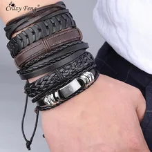 Crazy Feng Винтаж ручной работы Плетеные Браслеты Набор для мужчин Панк Рок Geometrice полые обёрточная бумага кожа баклеты браслеты Мужской ювелирны