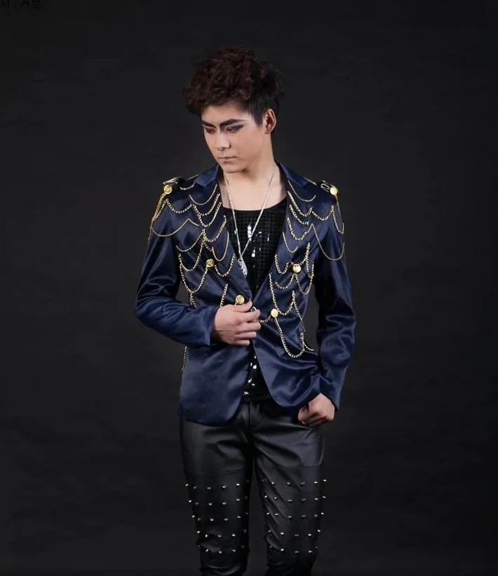 Синий цепь певица пиджаки этап рок пиджак мужской костюм модные костюмы для мужчин пиджак masculino настраиваемые 2XL