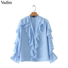 Vadim mujer dulce blusa de gasa con volantes cuello en V manga larga linda mujer moda casual azul camisa con estilo blusas LA855(China)