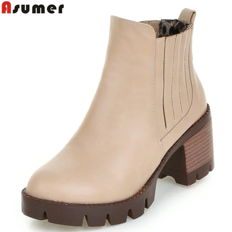 

large size 34-43 2016 spring autumn med heel round toe platform women boots high quality pu solid fashion ankle boots