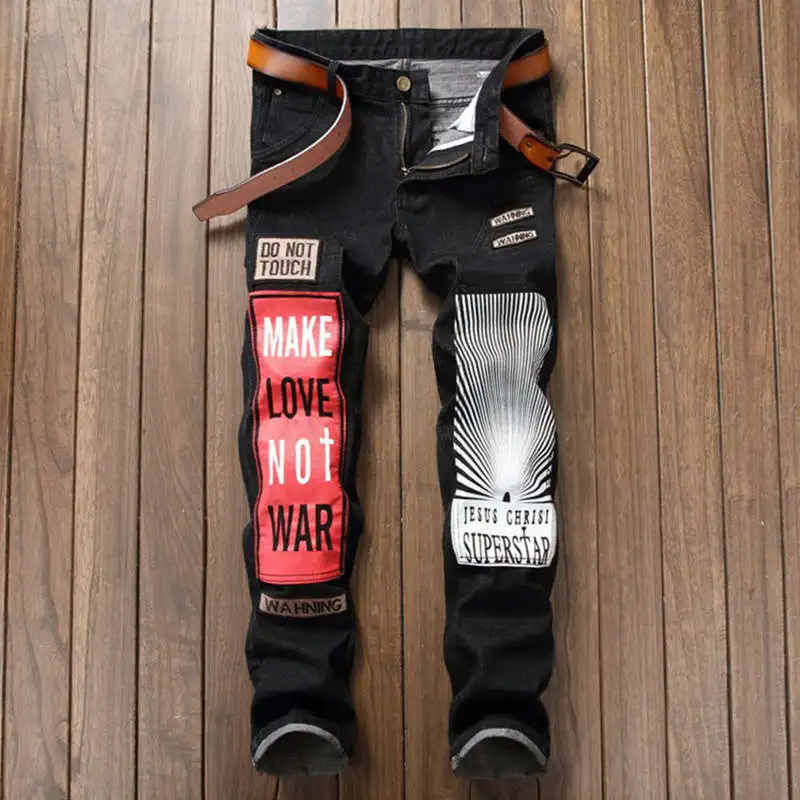 Original Designer Badge Patchwork Jeans Men Ripped Jeans Black Letter Printing Biker Jeans Denim Straight Slim