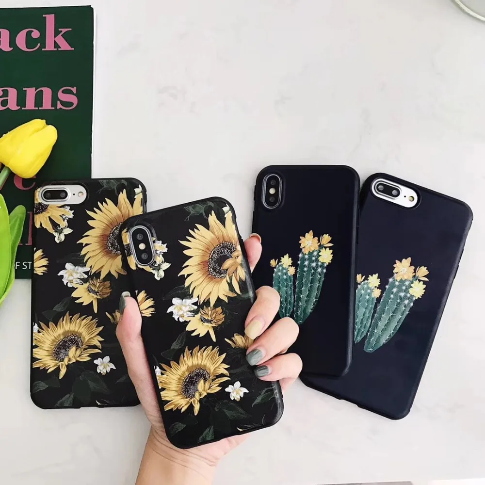 

For iphone XS MAX XR X case cover fashion 3d relief painted sunflower cactus soft slicon phone bag case for iphone 7 8 6 6s plus