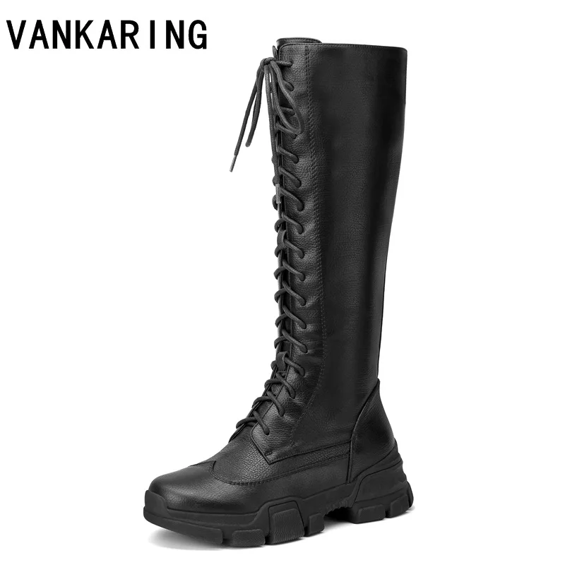 

VANKARING brand shoes sexy square high heel knee high boots women lace up thick platform winter shoes warm snow boots wedge boot