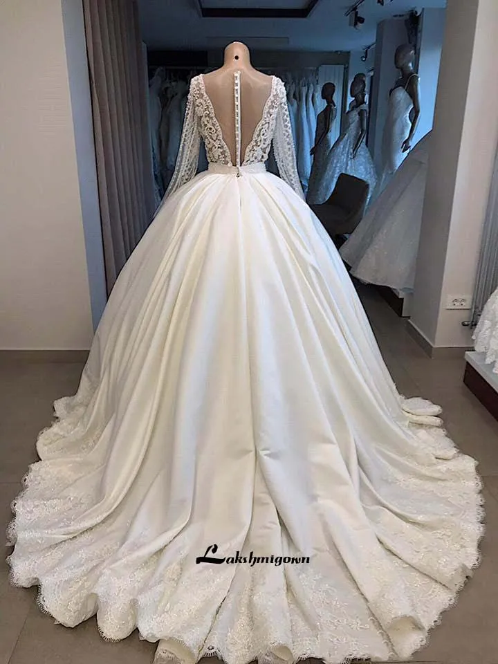 Скромное бальное платье с длинным рукавом, свадебные платья, прозрачная спина, пуговицы с покрытием, v-образный вырез, длинное арабское свадебное платье Дубай