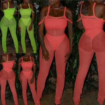 

Fashion Sexy Women Summer Fluorescence Mesh Perspective Top Casual Club Jumpsuit