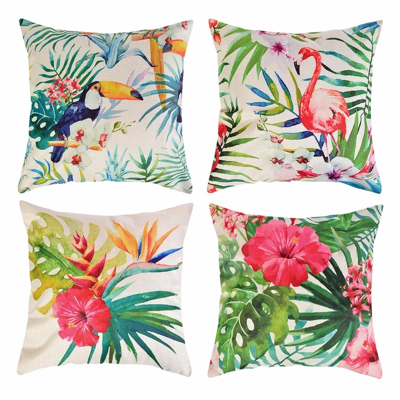 Urijk 4PCS Flax Tropical Flower Flamingo Pillow Case For