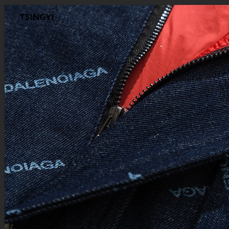 Tsingyi Spring Hooded Men Denim Jacket Print Letter Blue Mens Denim Jean Jackets Streetwear bombers homme Jackets for Men Coats