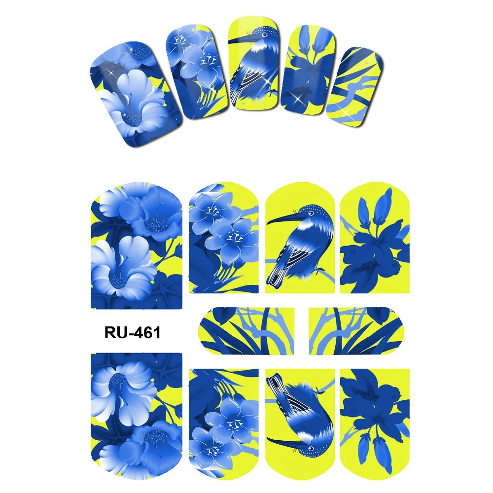 Uprettego дизайн ногтей Красота водная наклейка слайдер наклейка для ногтей Темно-китайская синяя белая птица цветок лист лоза ротанга лист RU457-462