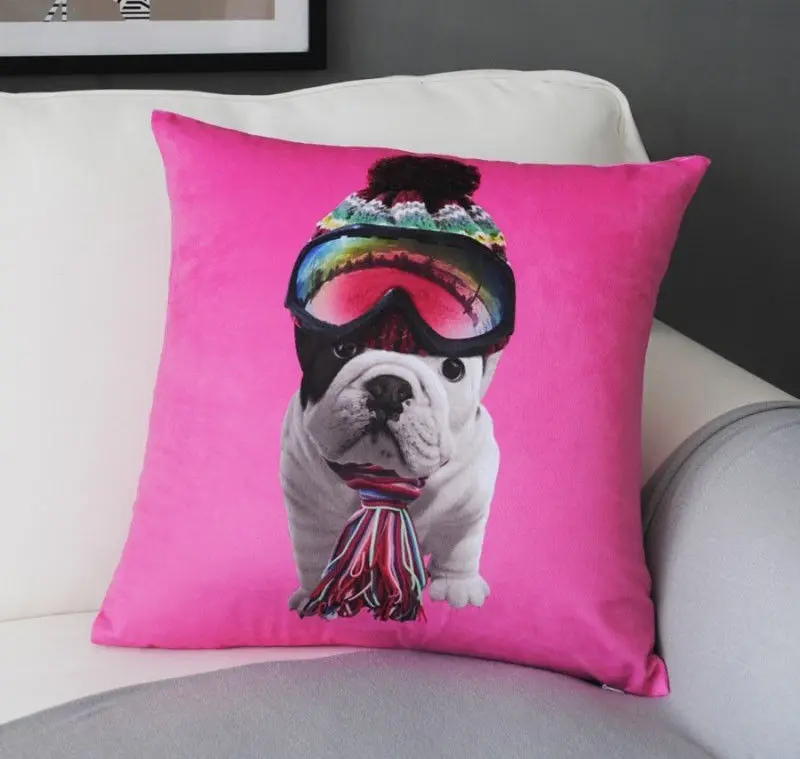 

Novelty Ski Glass Bulldog Cushion Cover Velvet Pink Bull Dog Decorative Throw Pillow Case Cute Dogs Sofa Car Decor 18" Two Sides