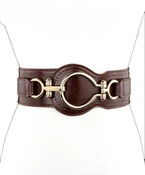 

Fashion Women's Leather Gold Metal Buckle Wide Strap Elastic Cummerbund Female Belt Cow Skin Waist Wide