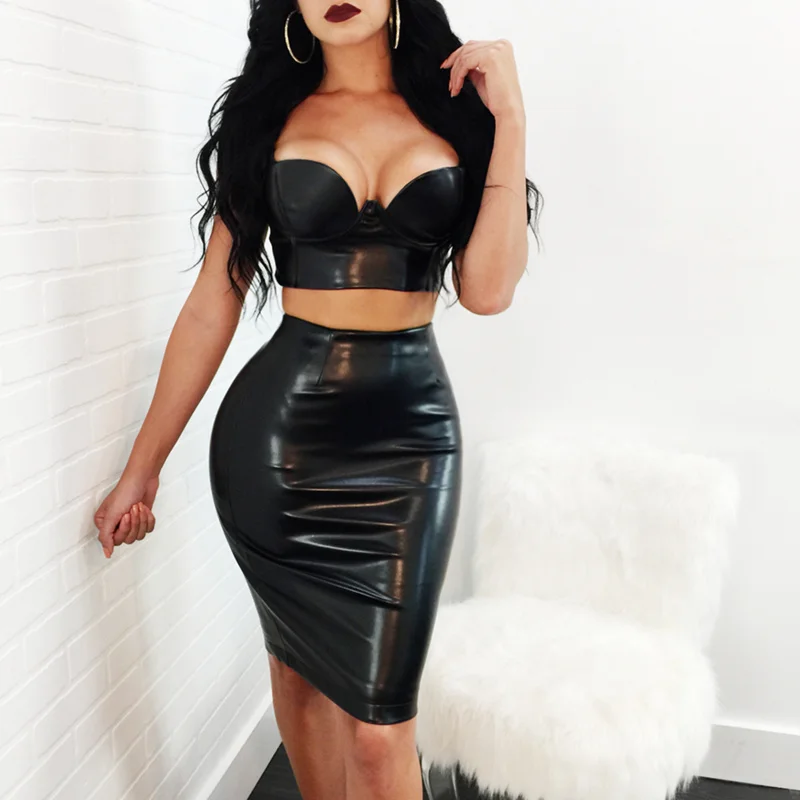 

New Sexy PU Leather Bandage Dresses 2018 Women Two Piece Set Bodycon Spaghetti Strap Party Dress V Neck Vestidos Summer Clubwear