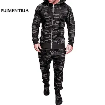 

Puimentiua Autumn Camouflage Men Suits Patchwork Men Sportswear Hooded Tracksuit Two Pieces Set Drawstring tenue de sport homme
