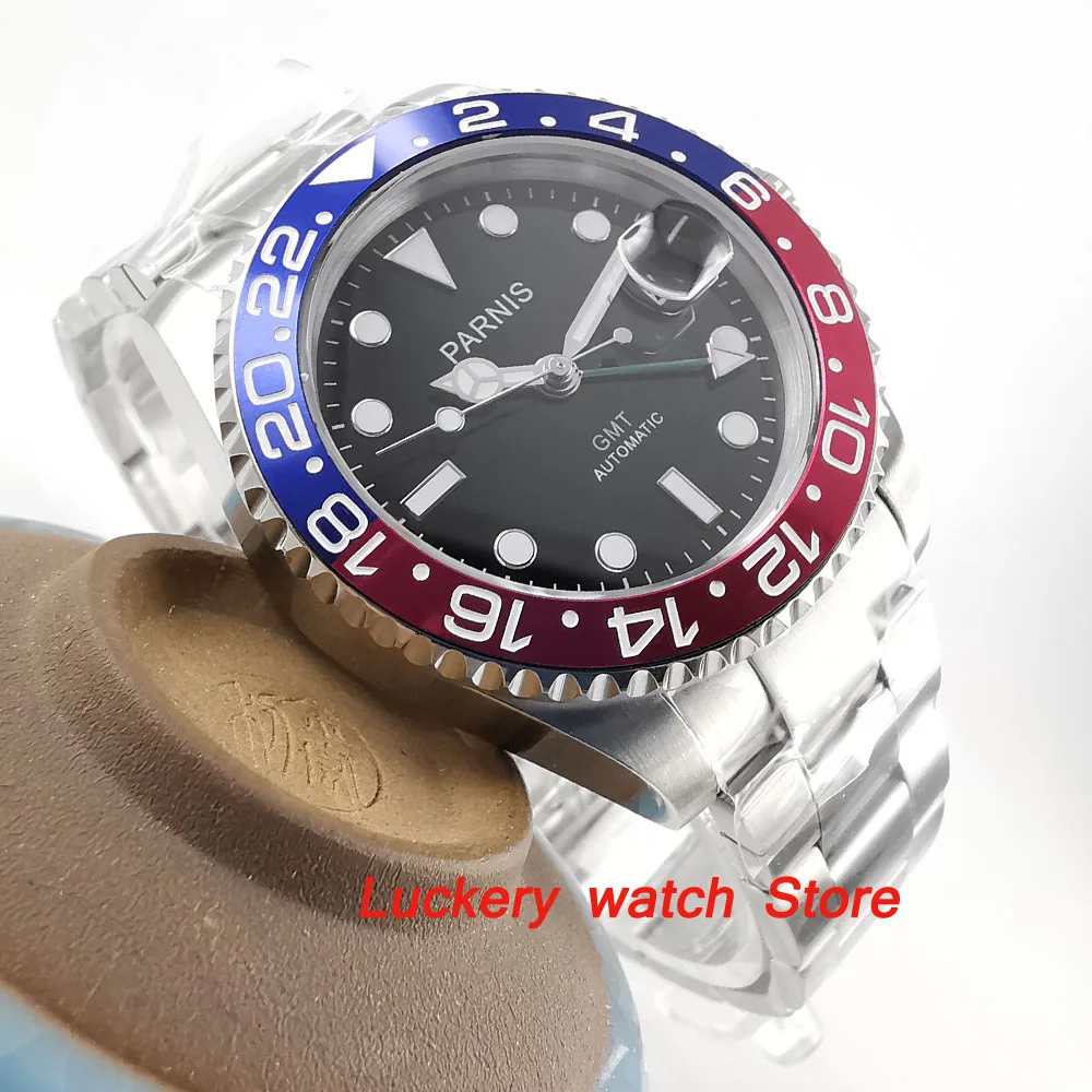 

40mm Parnis Blue and red Bezel black dial green GMT hands luminous marks sapphire glass automatic Mens Watch-PA64