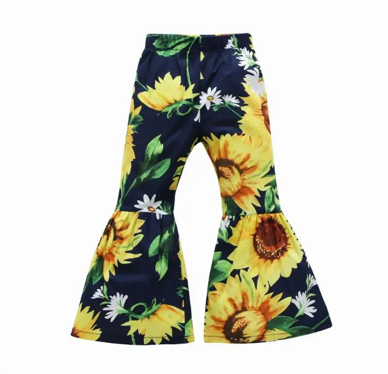 Flare Pants for Girls Sunflower Cherry Trousers Elastic Waist Casual