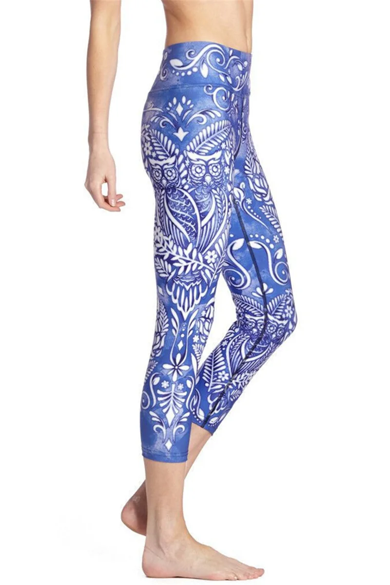 Women Blue and White Owls Print Fitness Quick Dry Exercise Leggings