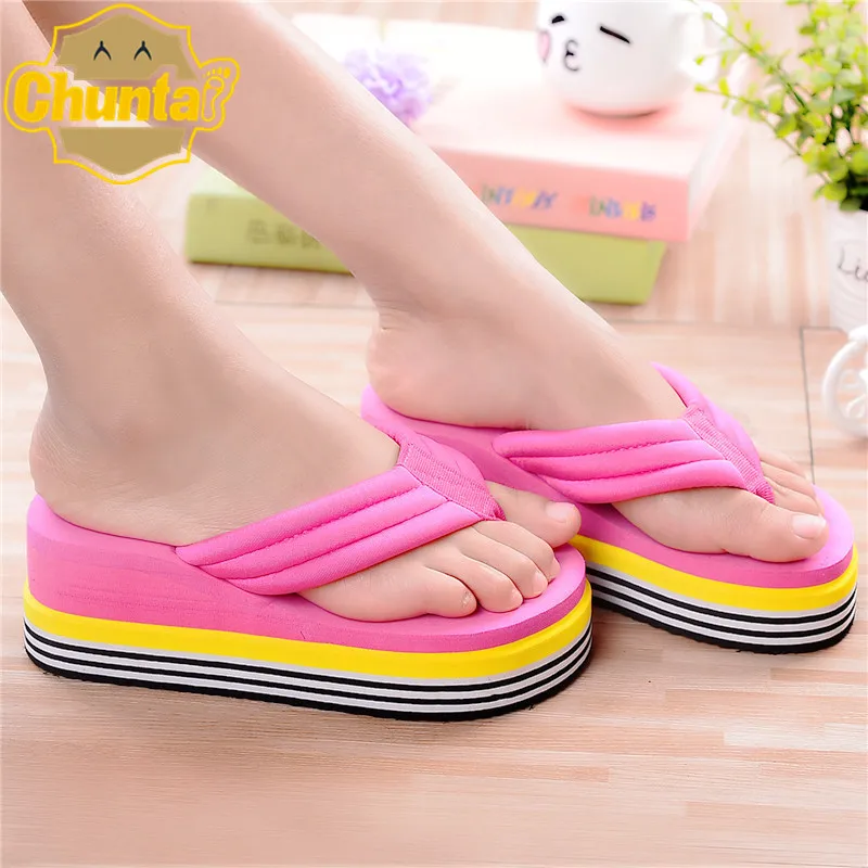 

2017 New Summer Woman Flops Thick Non Slip Bottom Cloth Slippers Home Furnishing High-heeled Sandals Muffin Women Flip Flops