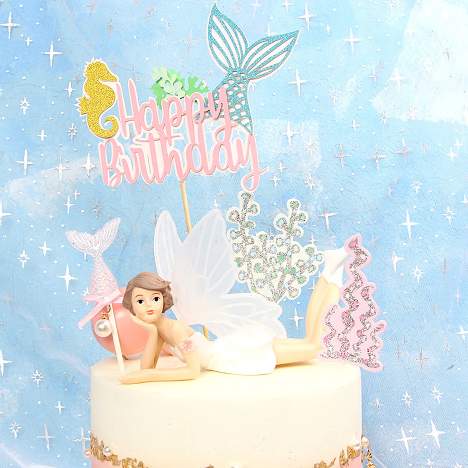 

1pcs DIY Happy Birthday Cake Topper Mermaid Tail Shell Starfish Theme Girl Birthday Party Cup Cake Decoration Baby Shower Supply
