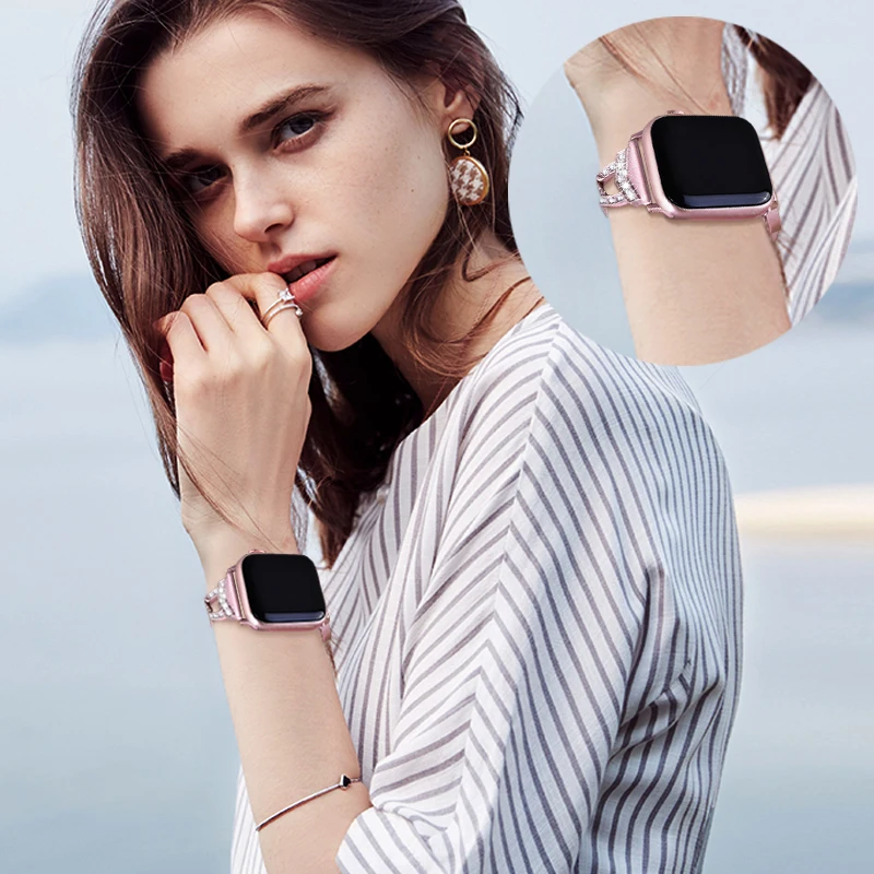 Нержавеющая сталь платье металла ювелирных изделий браслет для apple watch серии 4, версия 1, 2, 3, ремешок 38 мм 42 мм шикарный ремешок для наручных часов Iwatch, 4 40 мм 44 мм