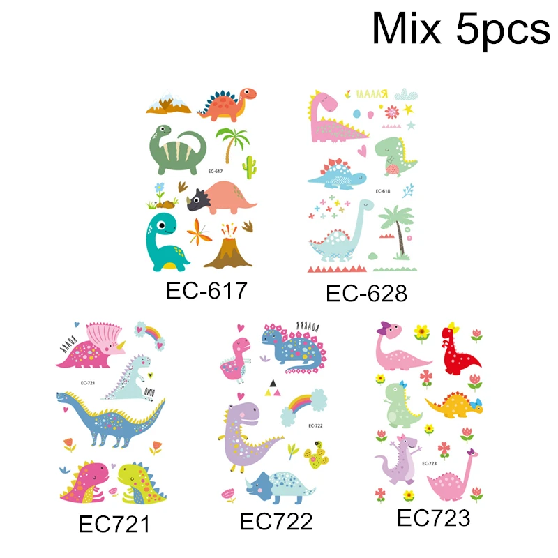 Микс 5 шт./лот, милый мультяшный динозавр, тату наклейка для рук, временная, водонепроницаемая, временная татуировка, наклейка для лица, для детей, Q