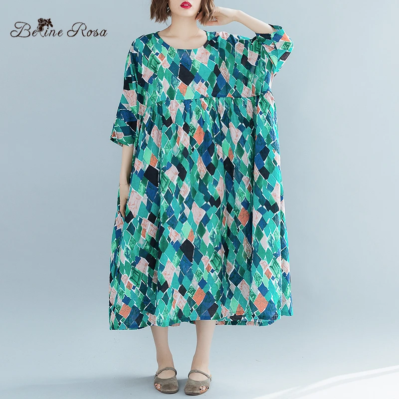 

BelineRosa Bohemian Big Sizes Dress Female Fashion Diamond Pattren Print Green Colorful Cotton Linen Dress 4XL 5XL 6XL MBXC0011