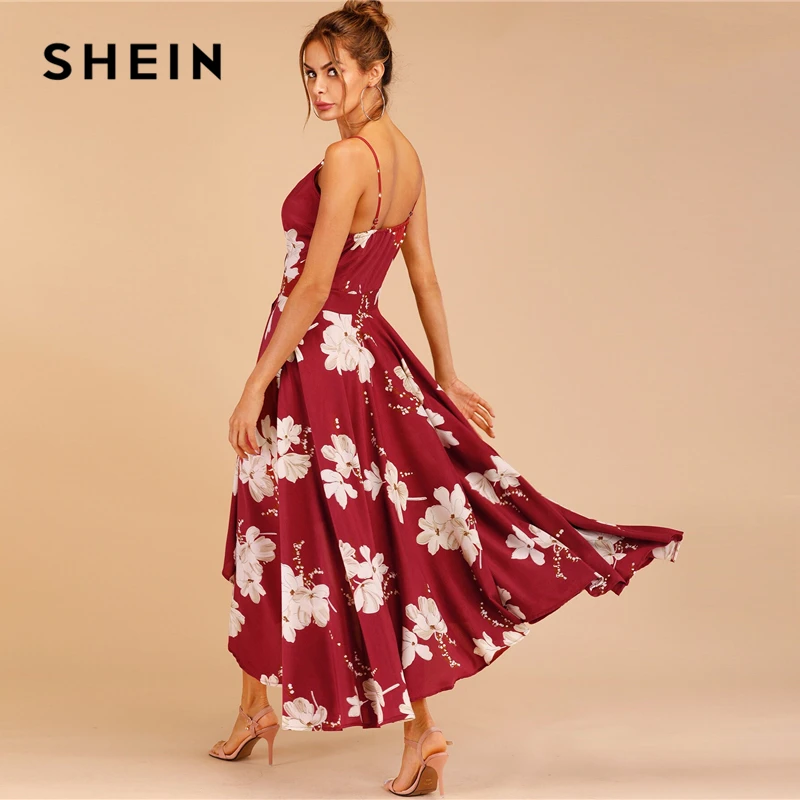 SHEIN الأزهار طباعة توليب تنحنح الرداء الكهنوتي كامي اللباس بوهو السباغيتي حزام زلة النساء فساتين عنابي أكمام الصيف فساتين