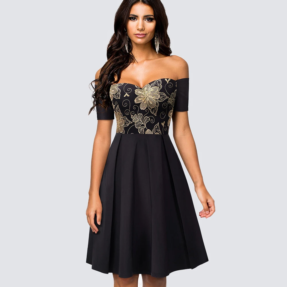 

Vintage Gorgeous Golden Floral Embroidery Party Black Dress Women Sexy Off The Shoulder Summer Swing A-line Dress HA076