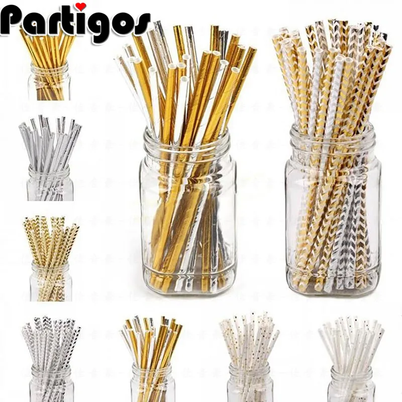 

25pcs Disposable Pure Color Bronzing Gold Silver Creative Wedding Supplies Birthday Event Party Decorating Beverage Paper Straw