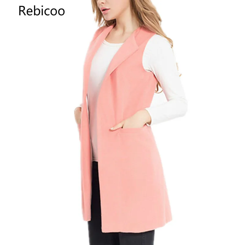 

Spring Elegant Women's Vest Slim Long Plus Size Female Vests Pocket Autumn Sleeveless Coat Jacket Long Waistcoat Pink Cardigan