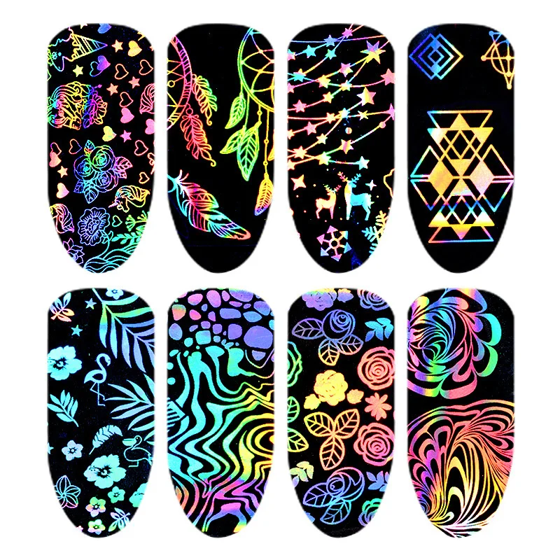 

8 Sheets 3D Laser Nail Art Tip Nail Foil Stencil Decal Manicure DIY Stickers Suitable For Professional Salon Home Use