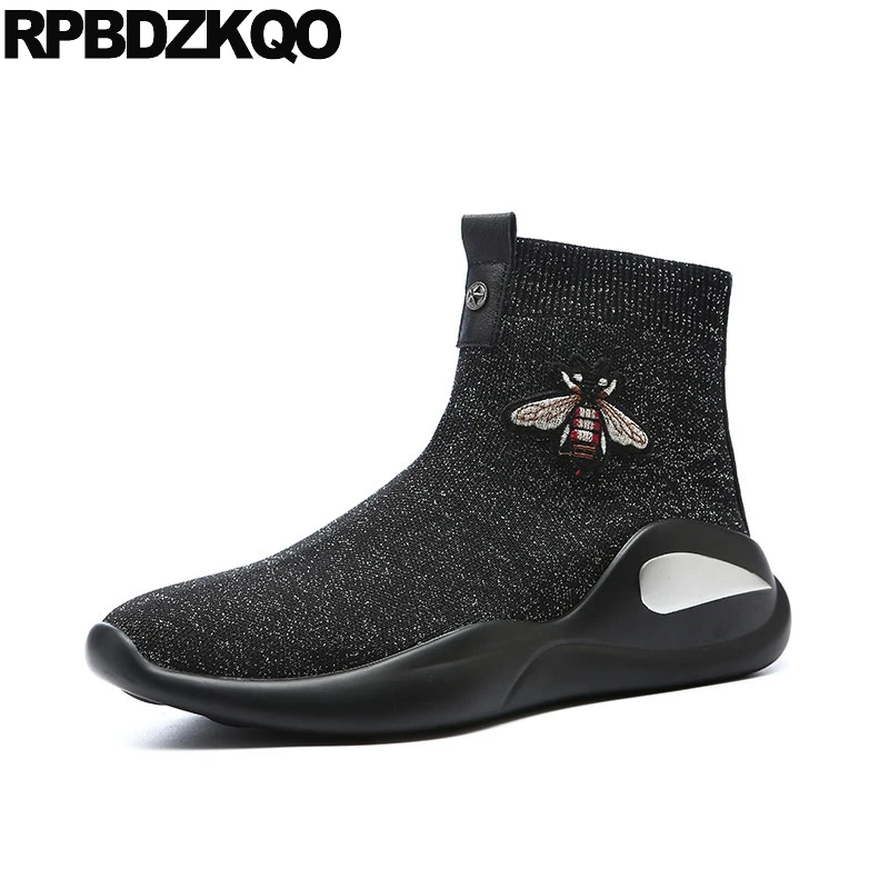 

Sneakers Trainer Booties Sock Fall Embroidered Men Slip On Casual Shoes Boots Wedge High Top Sole Quality Pattern Black Ankle