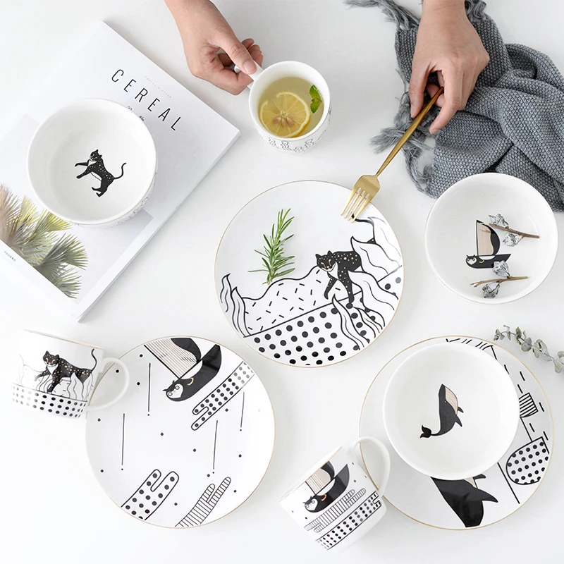 

Nordic creative animal gold ceramic Western dishes home dessert plate salad bowl set simple black and white illustration
