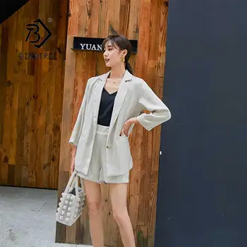 

Women's Summer Short Suits Notched Blazer Jacket Hot Shorts Female 2 Pieces Elastic Waist Pant Suits Casual Pockets Set S95615Z
