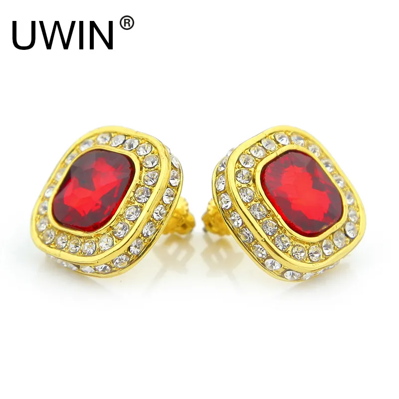 UWIN Мужская хип-хоп Золотая цветная серьга со стразами с квадратным красным синим кристаллом с зелёными камнями женские серьги-гвоздики Панк ювелирные изделия