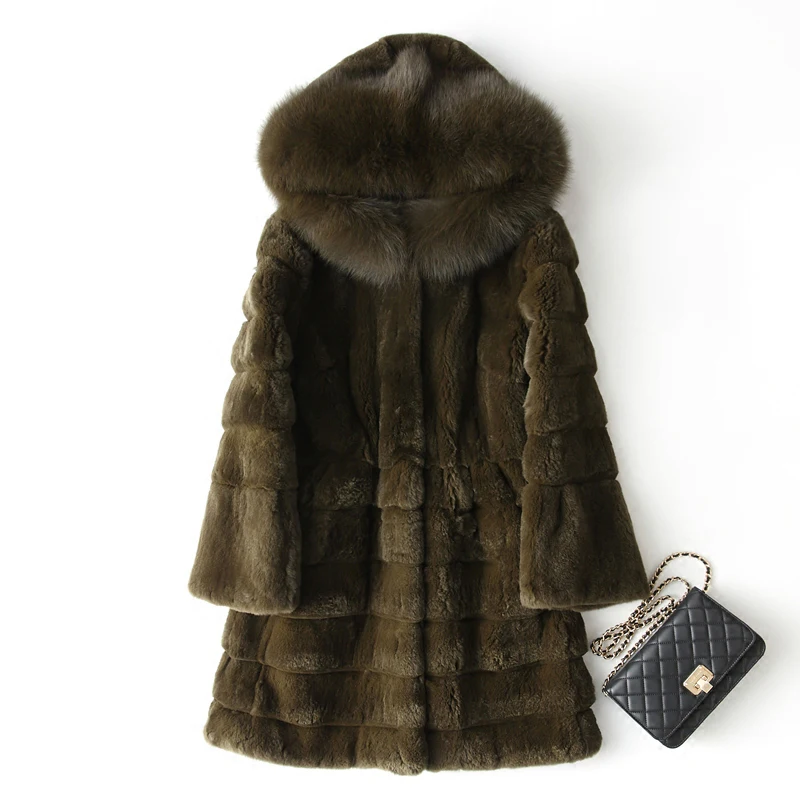

Large Fox Fur Collar Hooded Fashion Natural Rex Rabbit Fur Coats Outerwear Women Wave Cut Warm Winter Real Leather Fur Jackets