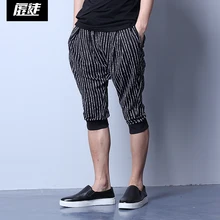 28-36! Новая мужская одежда Капри летние мужские тонкие вертикальные полосы тренд мужские пляжные брюки луч пуш-ап певица костюмы