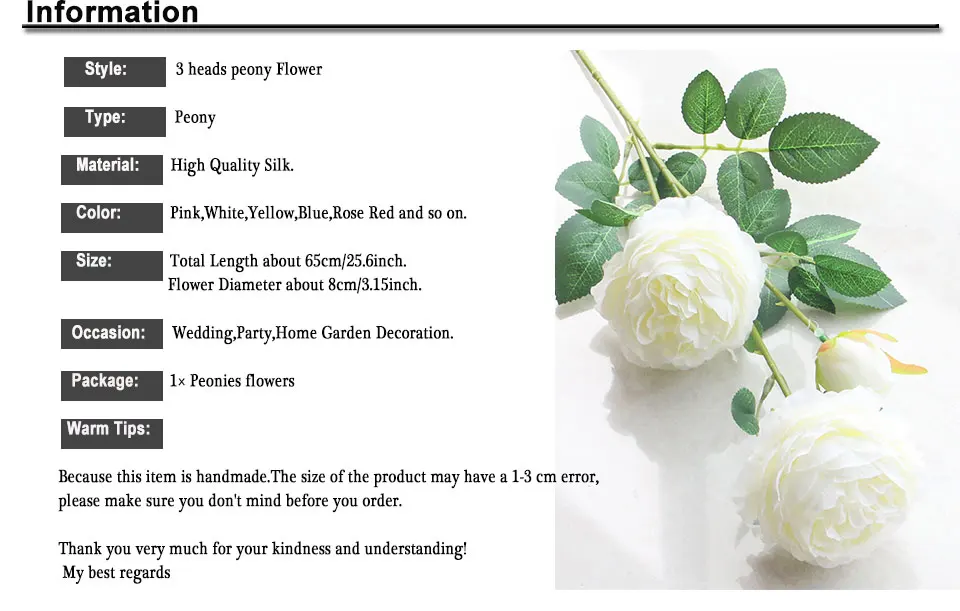 Artificial Flowers 3 Heads White Yellow Peonies Silk Flowers Peony Artificial Flower Wedding Decor for Home Peonies Color_03