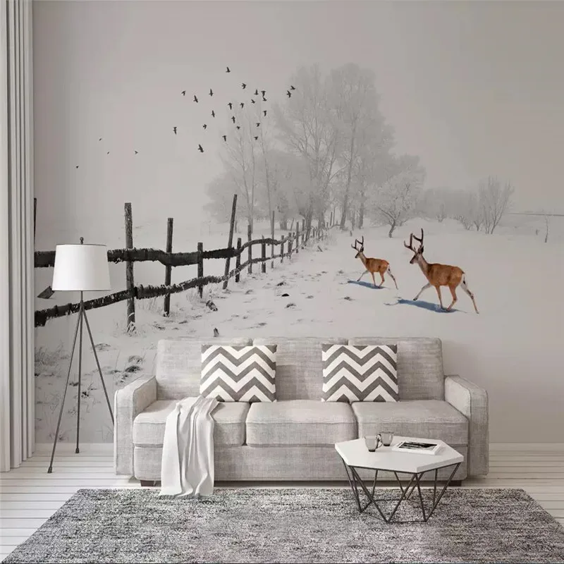 Custom Mural Wallpaper Modern Minimalist Elk Flying Bird Snow Background Wall beibehang nature scenery landscape forest snow view papel de parede 3d large photo wall paper murals mural wallpaper for walls