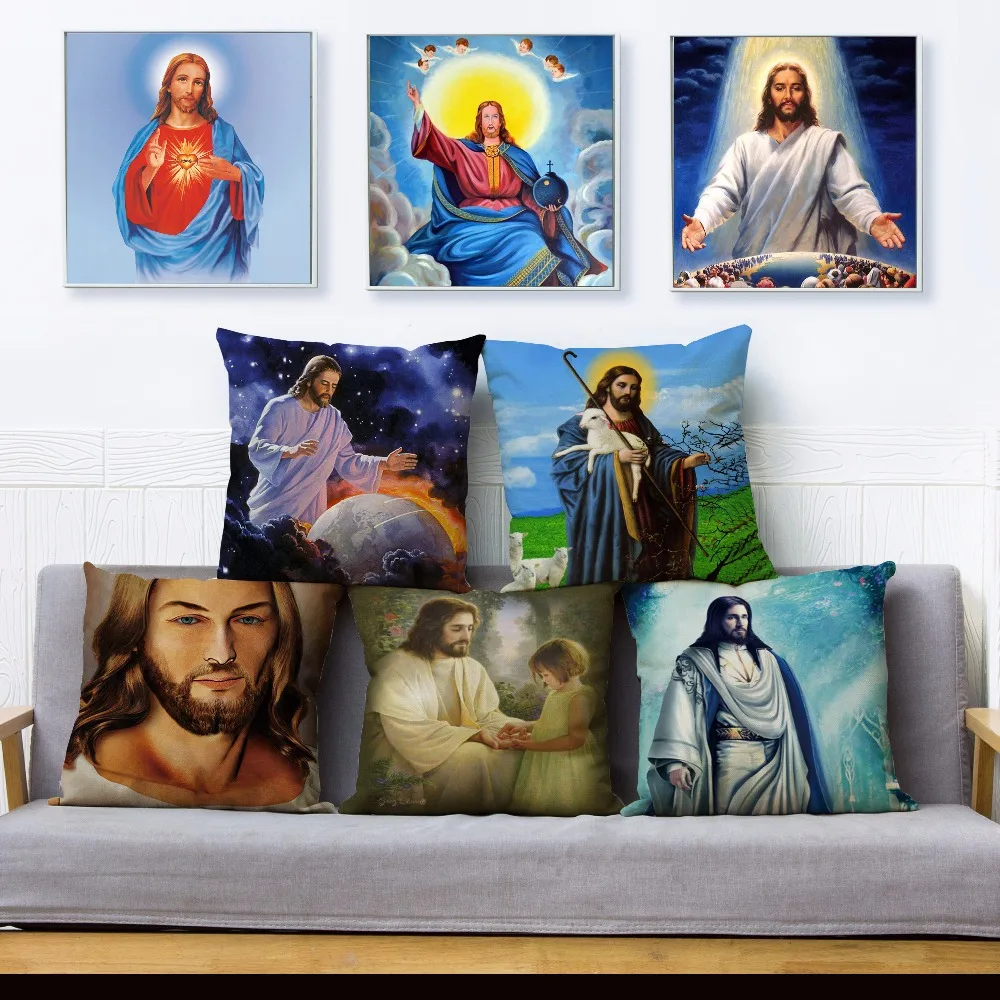 

Savior Jesus Christ Print Throw Pillow Cover 45*45cm Square Cushion Covers Linen Pillow Case Car Sofa Home Decor Pillows Cases